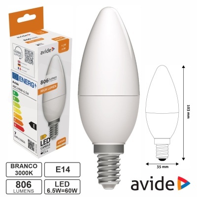 lâmpada LED branca tipo vela E14 Avide 6,5W 806 lumens com embalagem