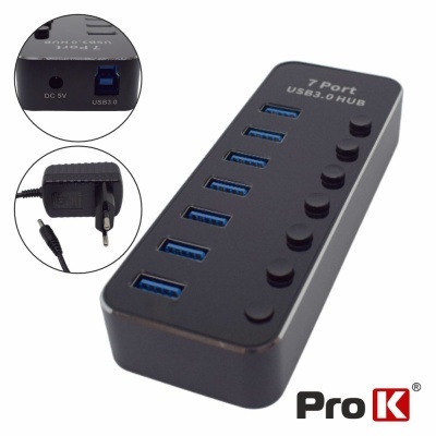 Hub USB 3.0 preto com 7 portas e interruptores individuais, texto '7 Port USB3.0 HUB' impresso no topo