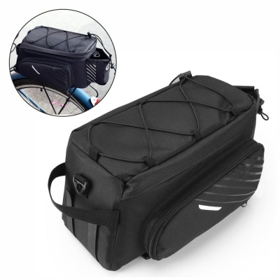 Saco preto para bicicleta com rede elástica no topo e padrão refletor