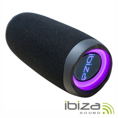 Coluna portátil Ibiza Sound preta com luz roxa