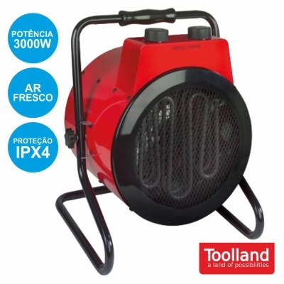 Aquecedor portátil vermelho com suporte metálico preto e botões no topo