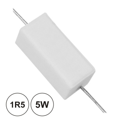 Resistor branco retangular 1R5 5W com fios metálicos nas extremidades