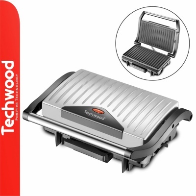 Chapa elétrica para grelhados Techwood prateada e preta com tampa estriada e logótipo