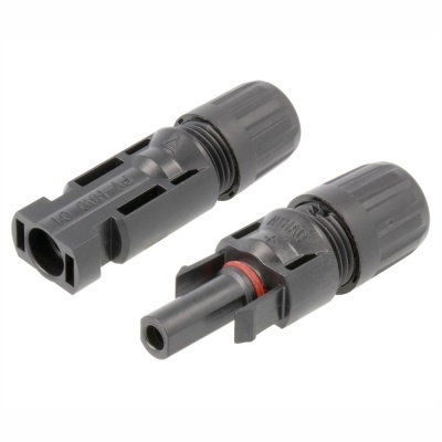 Dois conectores elétricos MC4 pretos com tampas rosqueáveis e anel de borracha vermelho