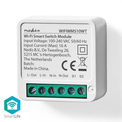 Módulo Wi-Fi Smart Switch Nedis WIFIWMS10WT branco com rótulo técnico e conexões de parafuso