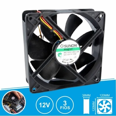 Ventoinha de computador quadrada preta com etiqueta central branca e fundo azul com ícones e dimensões