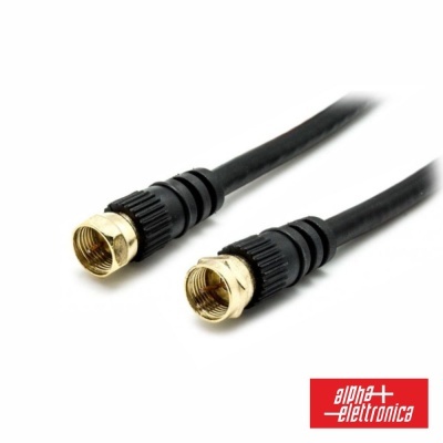 Cabo coaxial preto com conectores F dourados e logótipo alpha elettronica