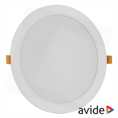 Painel de luz LED redondo branco com apoios amarelos e logótipo avide