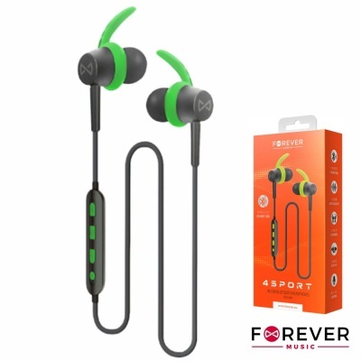 Auriculares intra-auriculares desportivos pretos com detalhes verdes e caixa laranja da marca FOREVER.