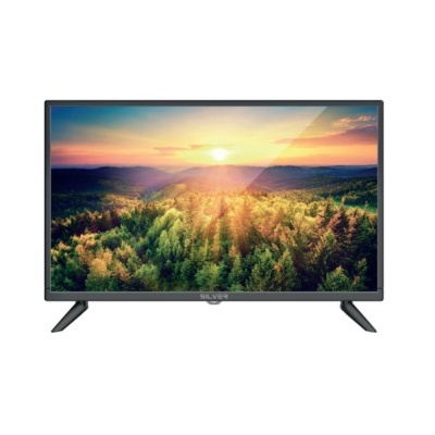 Televisor de ecrã plano com suporte e imagem de floresta ao pôr do sol
