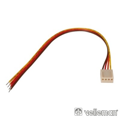 Cabo elétrico com conector de 4 pinos e fios expostos vermelho, amarelo e preto