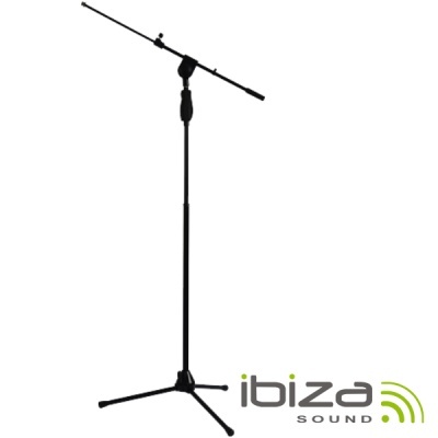 Suporte de microfone preto com base trípode e logotipo ibiza SOUND