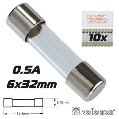 Fusível rápido vidro 0.5A 6x32mm com embalagem de 10 unidades e desenho técnico
