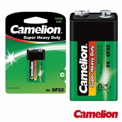 Pilha 9V Camelion Super Heavy Duty 6F22 em embalagem verde e preta