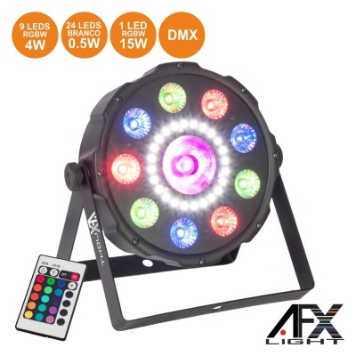 Luz LED circular preta com LEDs coloridos e controle remoto