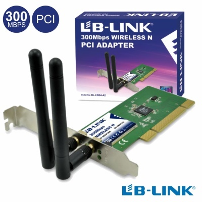 Adaptador PCI wireless B-LINK 300 Mbps com duas antenas e caixa azul