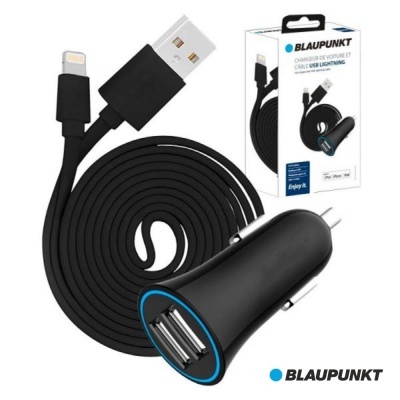 Cabo USB Lightning preto com carregador de isqueiro duplo e embalagem BLAUPUNKT