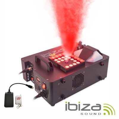 máquina de fumaça ibiza sound preta com luzes LED e comando remoto