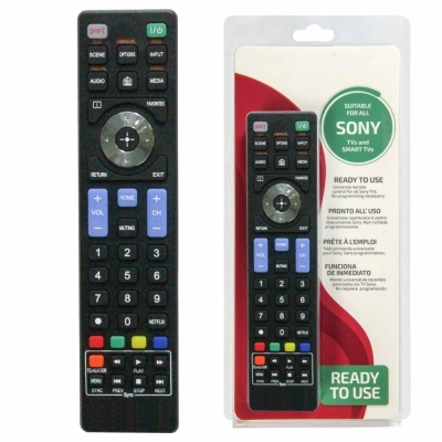 Comando remoto preto com botões coloridos para TVs Sony e Smart TVs numa embalagem branca e vermelha.