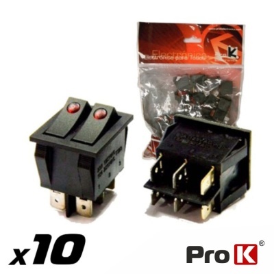 Interruptores duplos elétricos pretos com indicadores vermelhos, embalagem Pro K ao fundo