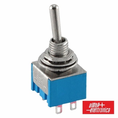 Interruptor de alavanca azul com parte metálica prateada e logótipo alpha elettronica