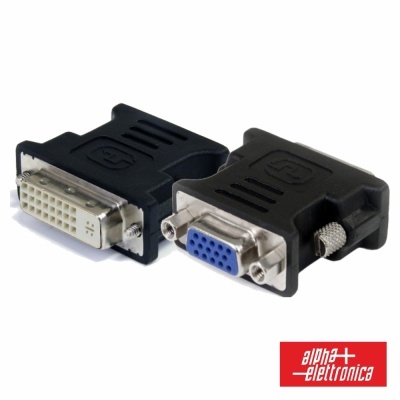 Adaptador DVI para VGA preto com conectores metálicos e logo alpha+ elettronica