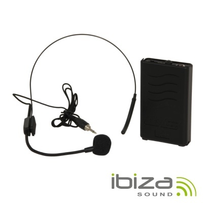 Microfone headset preto com transmissor portátil ao lado e logotipo 'ibiza SOUND'