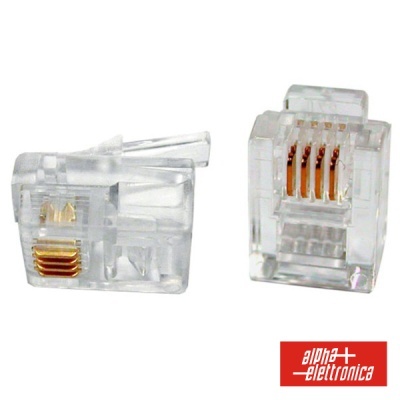 Dois conectores RJ45 transparentes com contactos metálicos e logo Alpha Elettronica