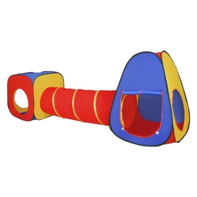 Túnel para crianças em tecido colorido com cubo e estrutura triangular