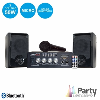 Sistema de som Party com colunas, amplificador, microfone e comando