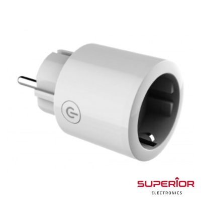 Ficha elétrica branca cilíndrica com botão e logótipo SUPERIOR ELECTRONICS