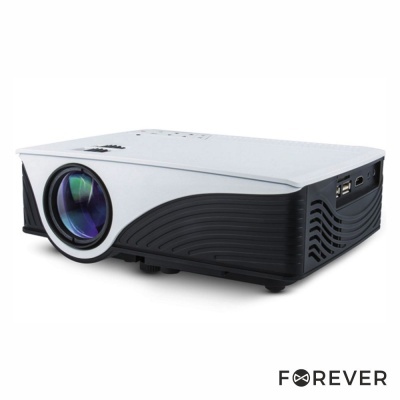 Projetor eletrônico branco e preto com lente frontal e portas USB sobre fundo branco