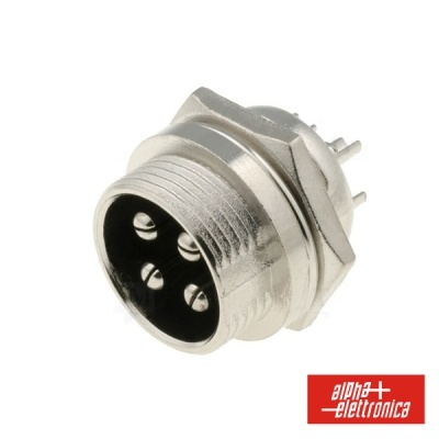 Conector circular metálico com cinco pinos e logótipo alpha elettronica