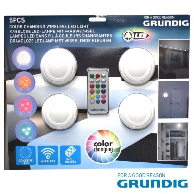 Pacote de 5 lâmpadas LED coloridas sem fios Grundig com controlo remoto e fita adesiva