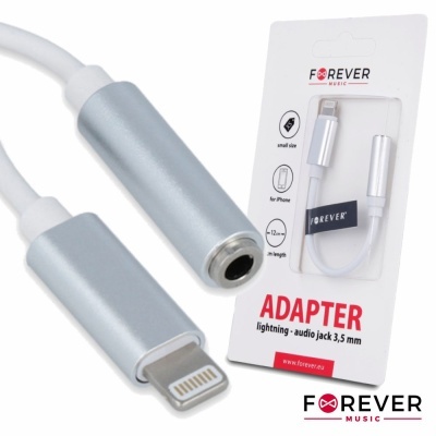 Adaptador lightning para áudio jack 3,5 mm prata da FOREVER MUSIC em embalagem.