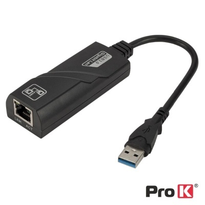 Adaptador USB 3.0 para Ethernet preto com cabo e conector RJ45