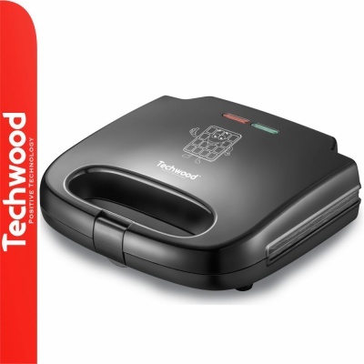 Sanduicheira preta da marca Techwood com indicadores luminosos e gráfico de pão na tampa