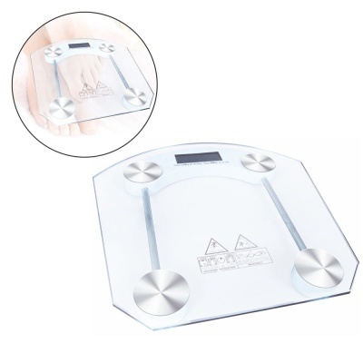 balança digital transparente com quatro discos metálicos e display digital