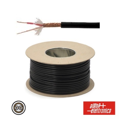 Carretel de cabo coaxial preto com condutores expostos e logótipo Alpha Elettronica