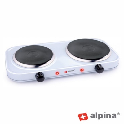 Fogão elétrico portátil Alpina com duas placas pretas e corpo branco