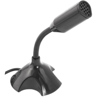 Microfone preto com base triangular e braço flexível