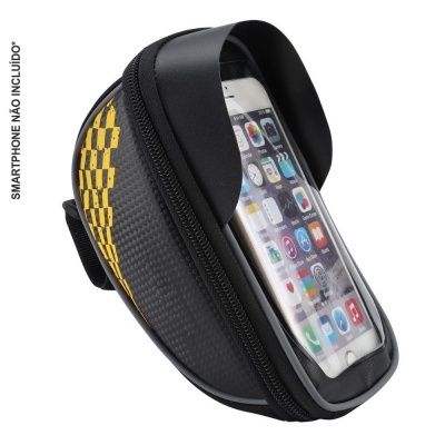 Porta smartphone para bicicleta preto com padrão amarelo e zíper