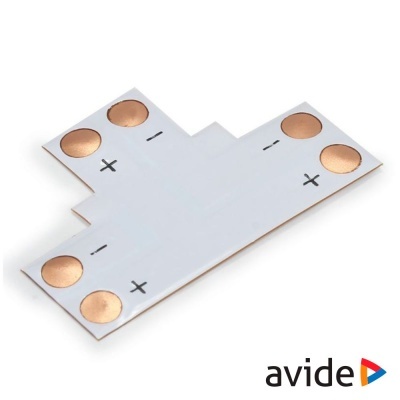 Placa eletrónica branca formato T com contactos de cobre e símbolos + e -.