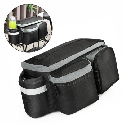 Bolsa para bicicleta preta e cinza com múltiplos bolsos e suporte para garrafa