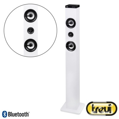 Coluna de som branca esbelta com altifalantes pretos e logótipo Trevi