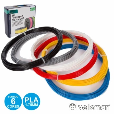 Carretéis coloridos de filamento PLA para impressora 3D com embalagem da marca Velleman.