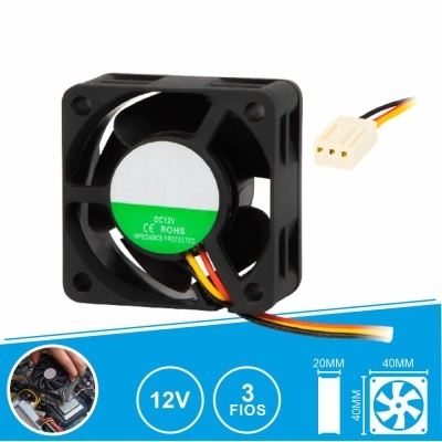 Ventoinha de refrigeração preta com etiqueta verde DC12V e três fios coloridos