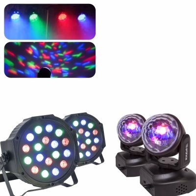 Luzes de palco LED coloridas, duas luzes PAR e duas luzes móveis pretas