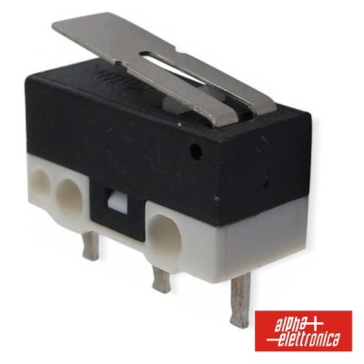 Interruptor microswitch preto e branco com alavanca metálica