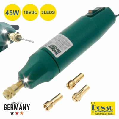 Mini furadeira elétrica verde com mandris dourados e etiquetas com texto